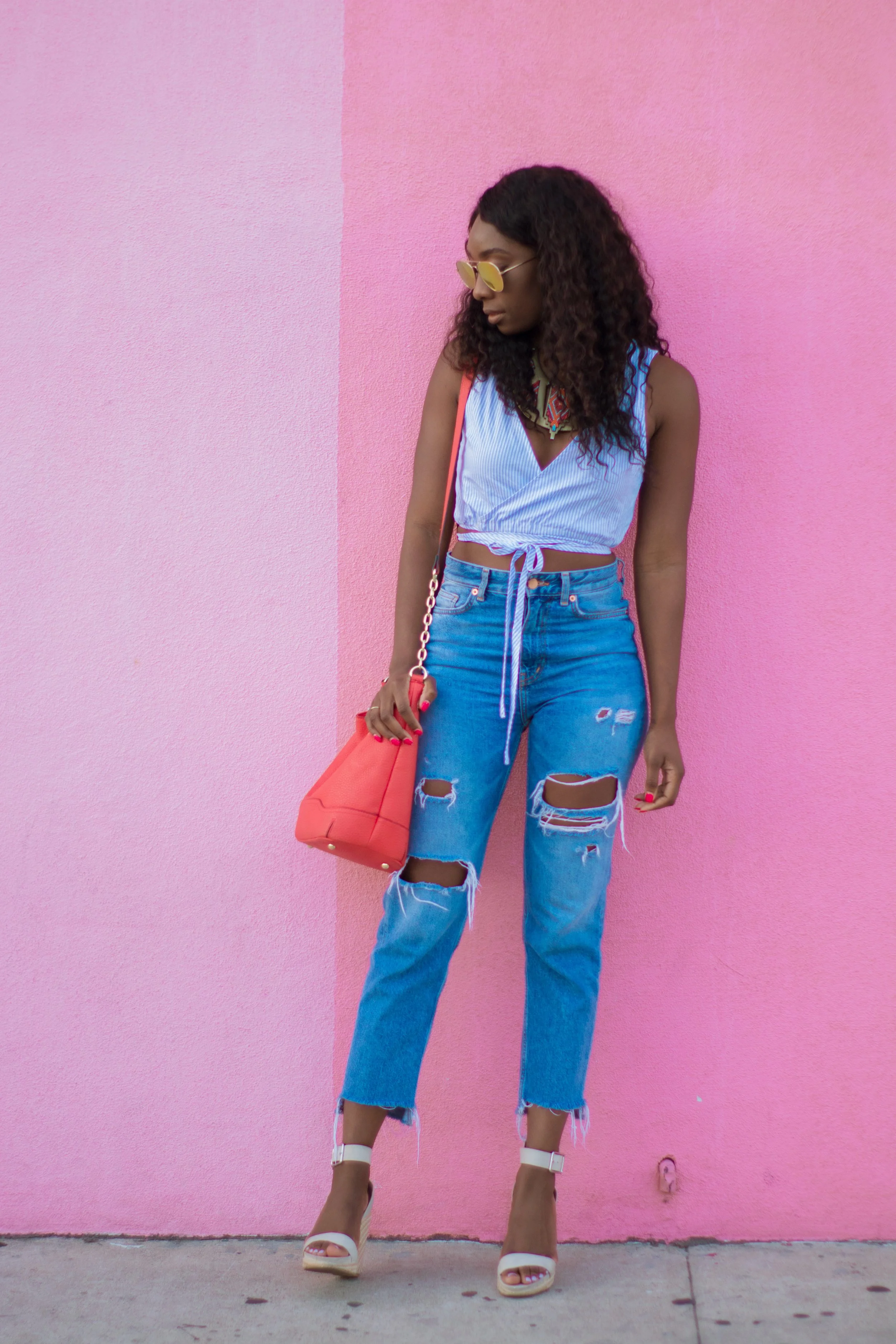 My favorite denim distressed H&M jeans styled with striped wrap top from Forever21