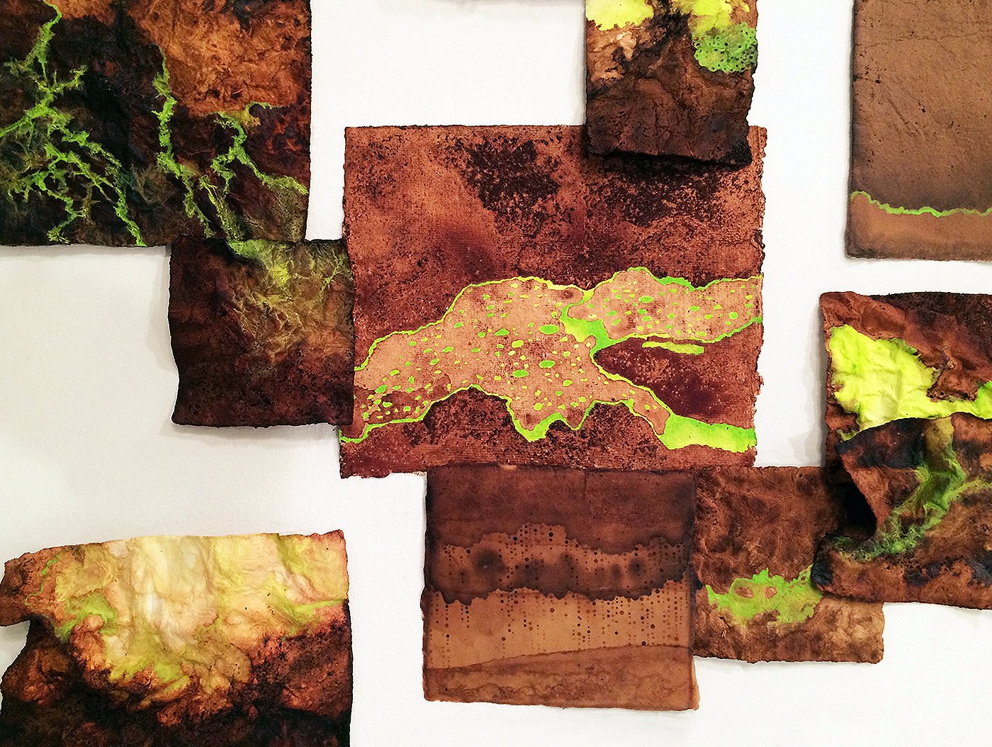    Beth Dary,    Detail “Bloom (installation)”,Egg tempera, tea, rust and encaustic on handmade paper, 5'h x 8'w x 1/2"d, 2015/2016, $5,500.00  