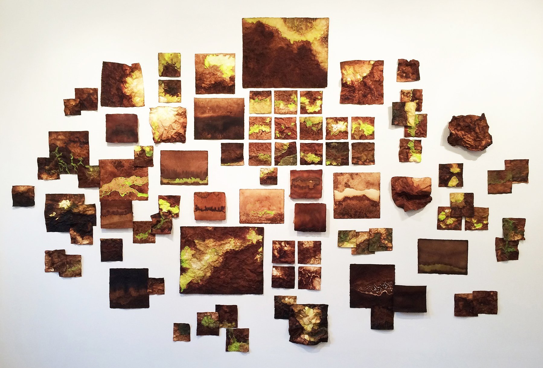    Beth Dary,    “Bloom (installation)”,Egg tempera, tea, rust and encaustic on handmade paper, 5'h x 8'w x 1/2"d, 2015/2016, $5,500.00     