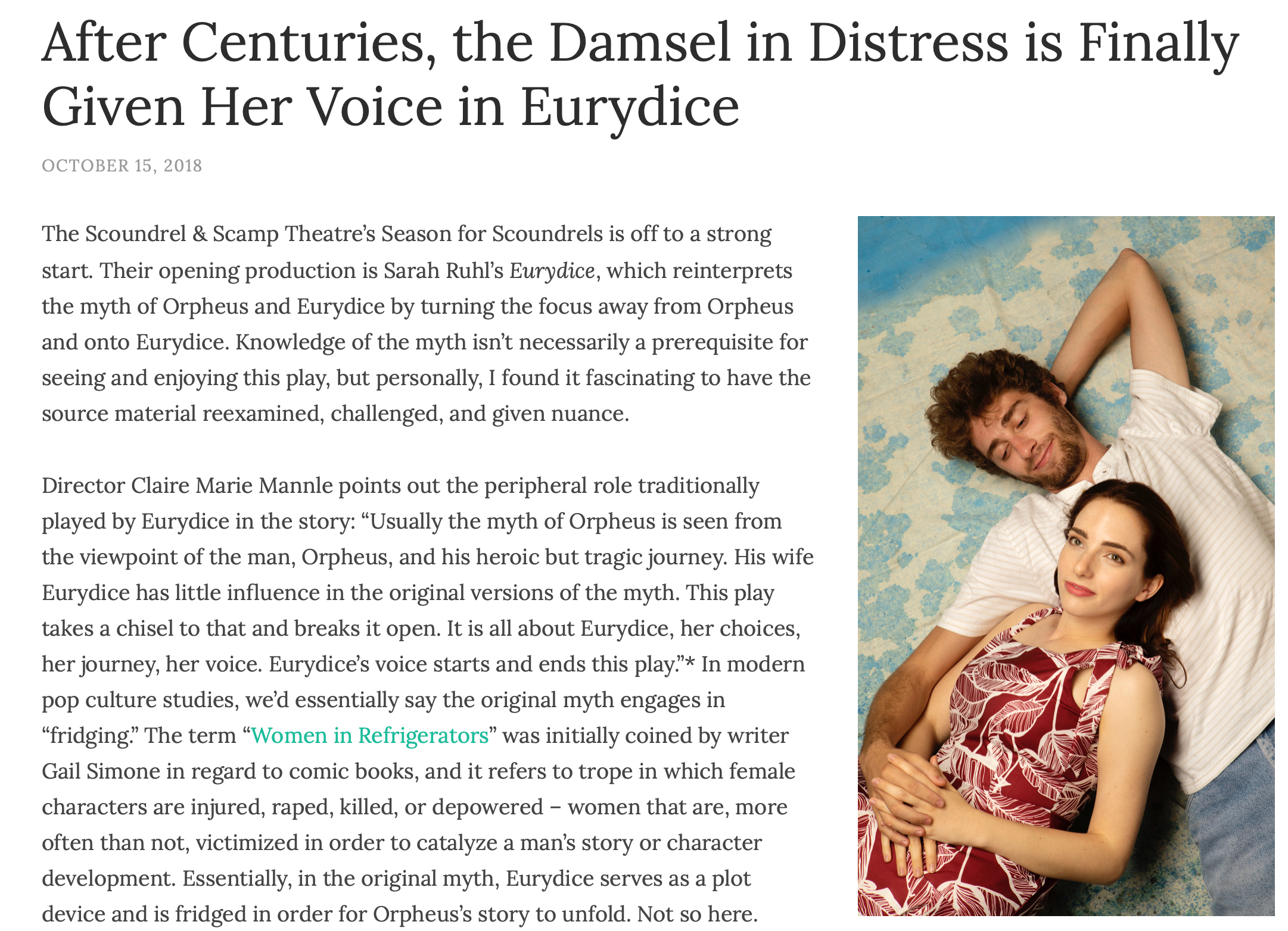After centuries, the damsel in distress is finally given her voice in Eurydice , Taming of the Review