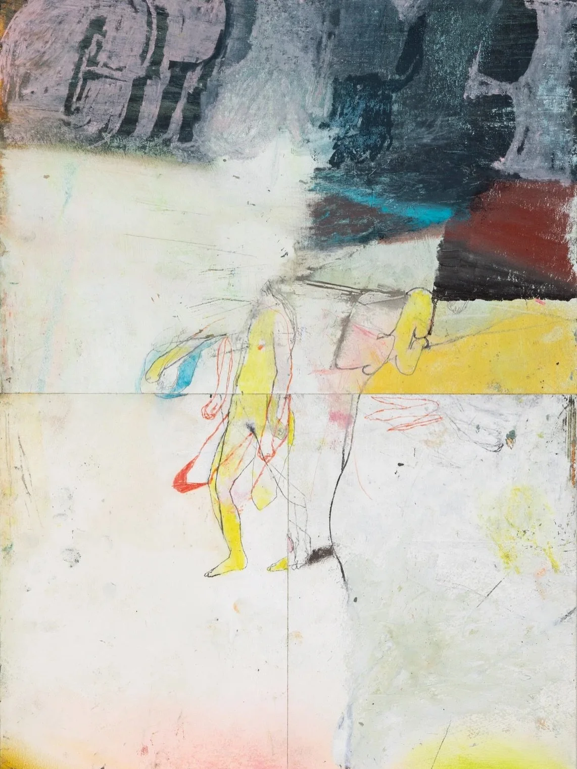 This is a really compelling Justin Mortimer work on paper. What I love here is the strange collision between speed, delicacy and pressure. The image feels as if it has been assembled from fragments that don&rsquo;t quite belong together: small yellow