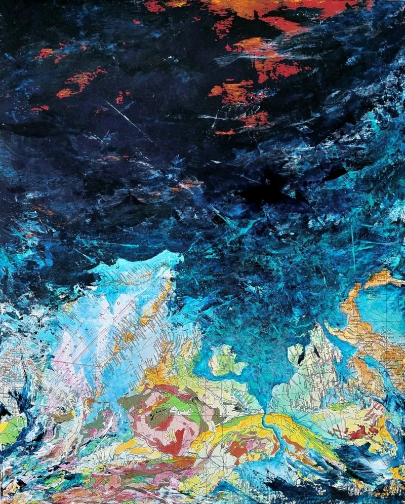 Dérives continentales (peinture sur cartes)