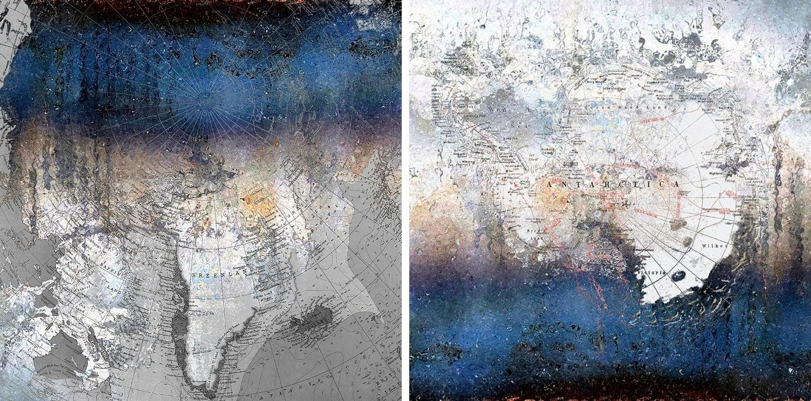Greenland et Antarctica (photographies, carte, peinture)