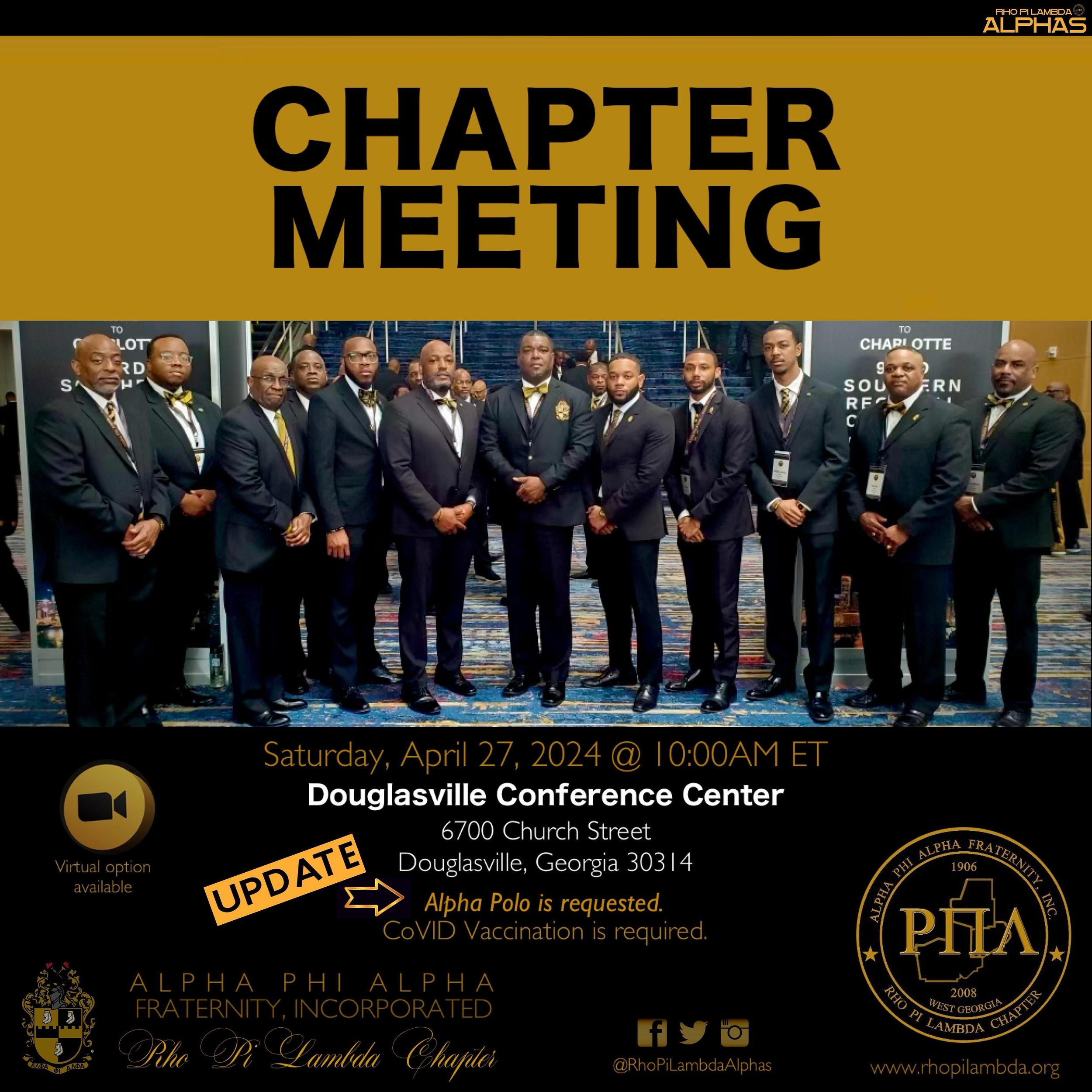 🫱🏾&zwj;🫲🏽#&Rho;&Pi;&Lambda;ChapterMeeting | &copy;️APR272024
____________________________________

The Rho Pi Lambda Alphas invite and welcome all Brothers to the April 2024 General Body Meeting SATURDAY, April 27, 2024, at 10:00 am ET.

UPDATE☝?