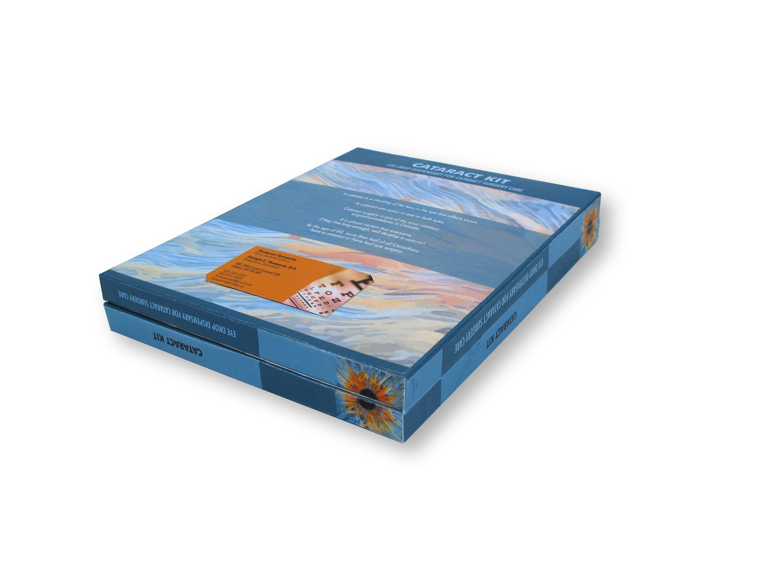  Back view of Cataract Kit showing general information and space for a doctor's business card containing contact information. 