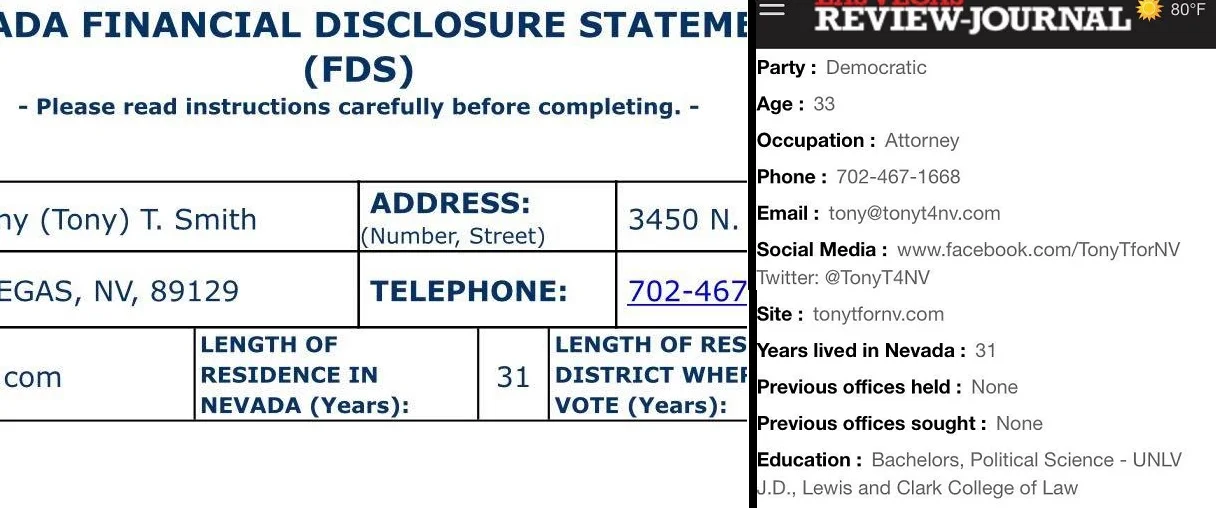 Tony had no problem indicating the same length of Nevada residency in both his official Secretary of State form, as well as in his responses to the LVRJ questionnaire. 