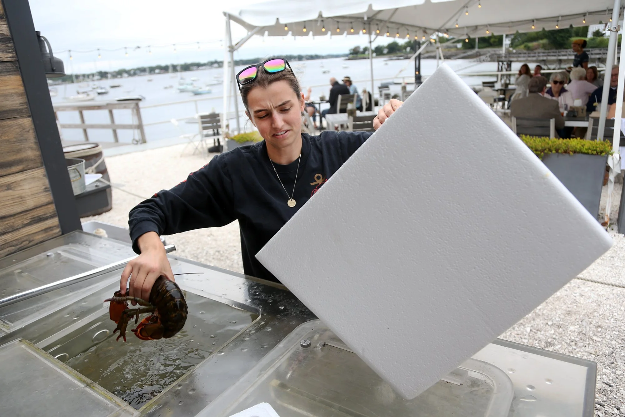 Jillian Robillard delivers live lobsters to Bistro 1828 at Pepperrell Cove Restaurant in Kittery Point on September 17, 2021.