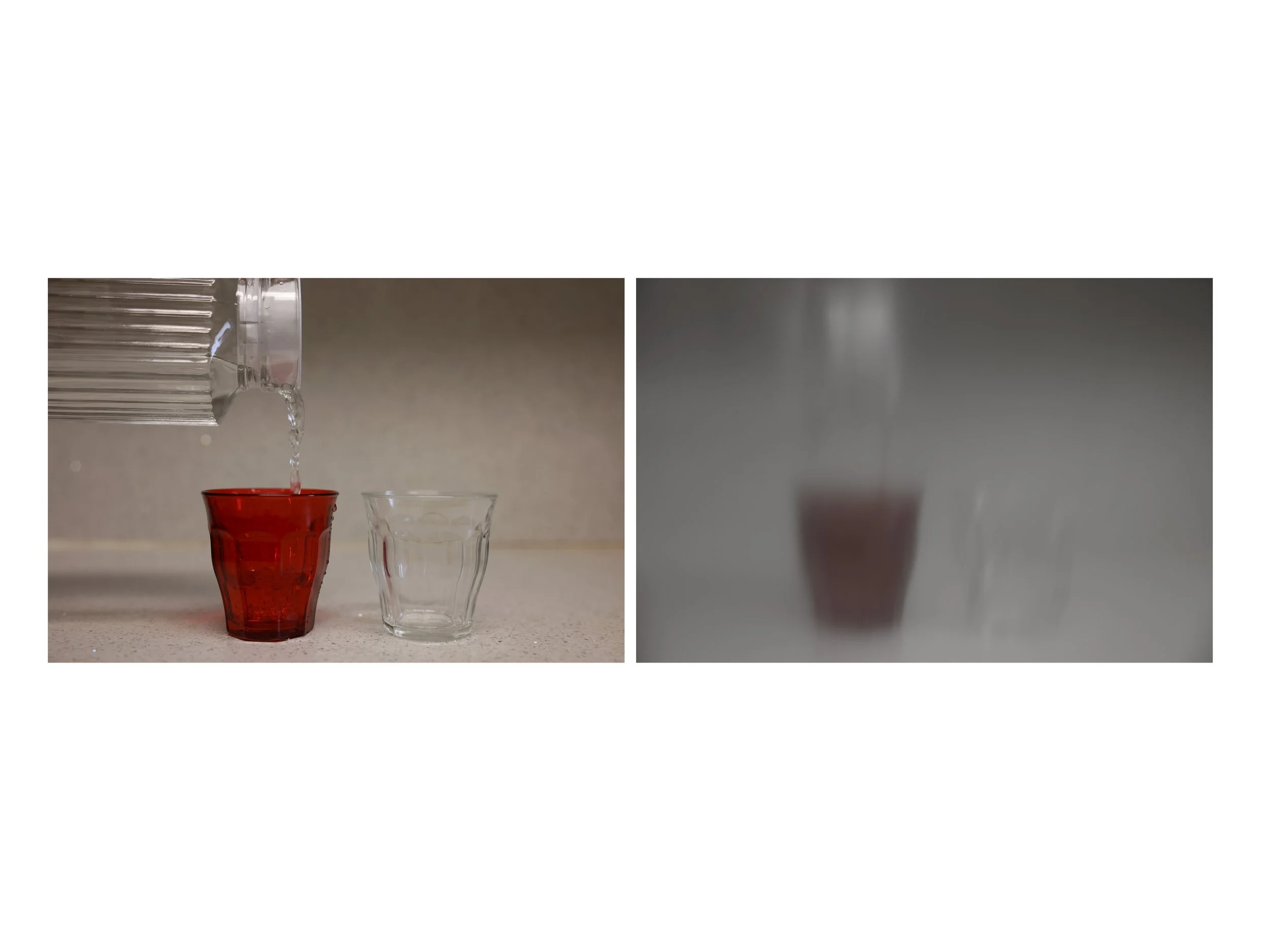 Nisha Falcigno pours a glass of water in her Manhattan apartment on Jan. 30, 2024. The image on the right represents an artistic interpretation of her point of view. 
