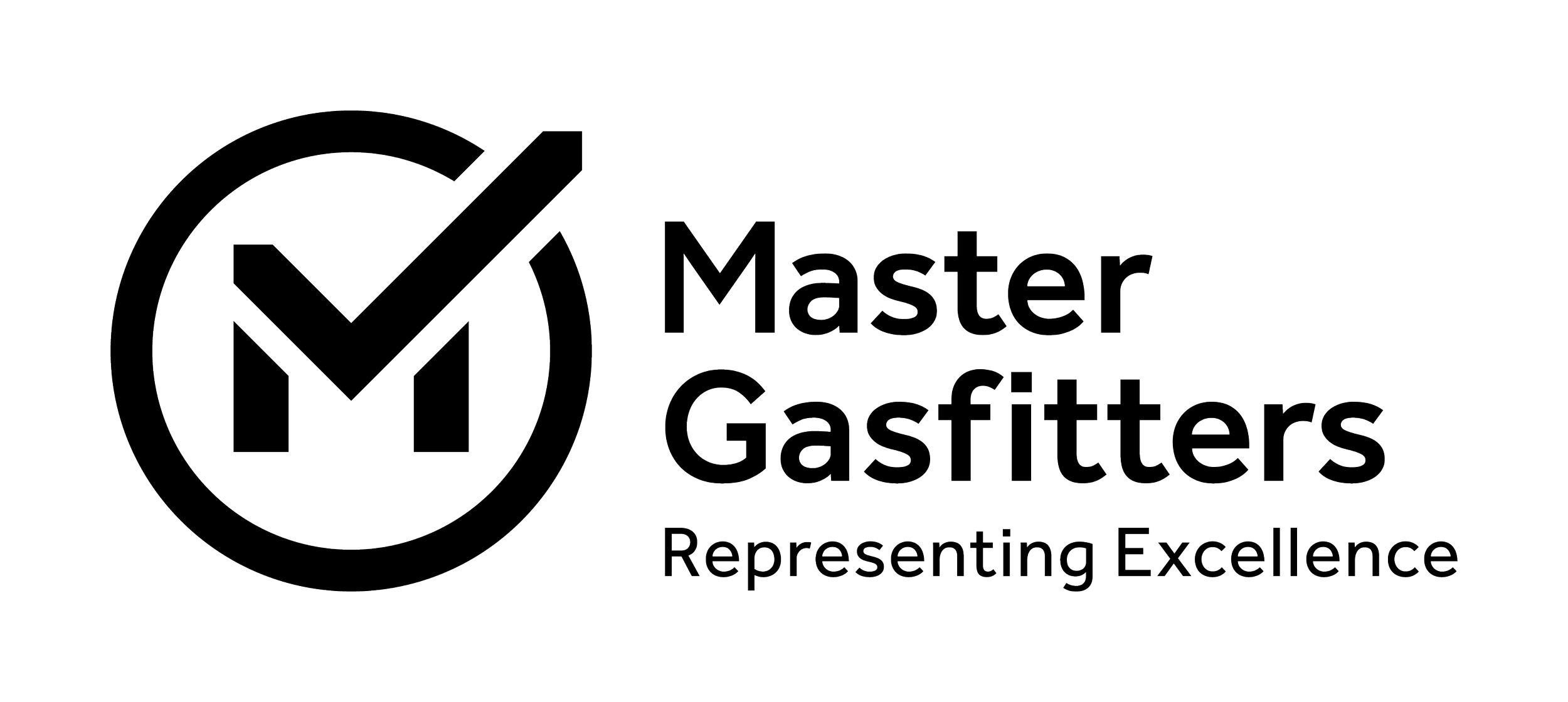 Logo for Master Gasfitters featuring a stylized check mark within a circle, with the company name and the tagline 'Representing Excellence'.