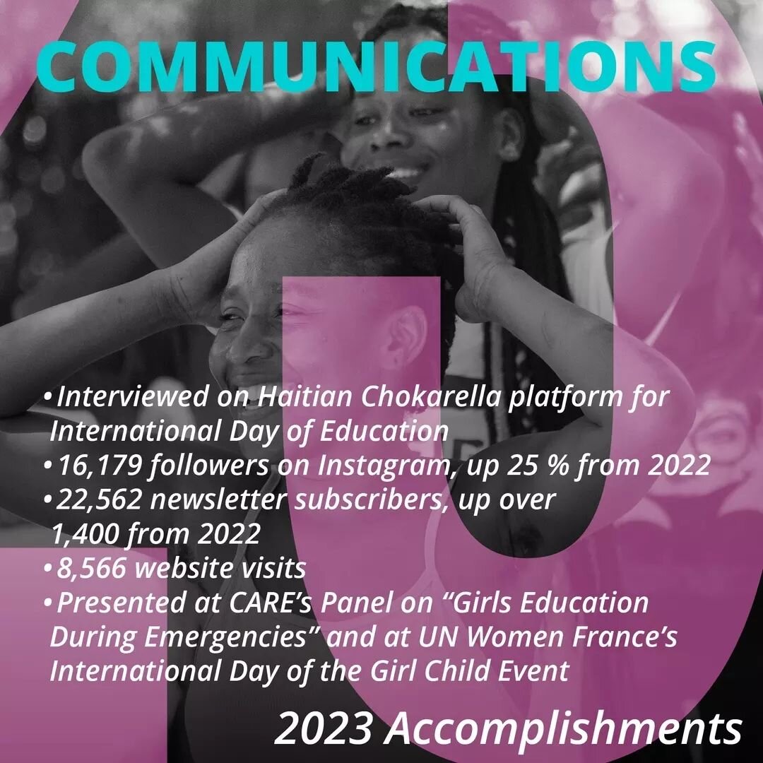 2023 Highlights in Communications&nbsp;✨&nbsp;As the year comes to a close, we are celebrating&nbsp;another year of growth and learning for young women in Haiti. These are some of our proudest achievements from 2023.