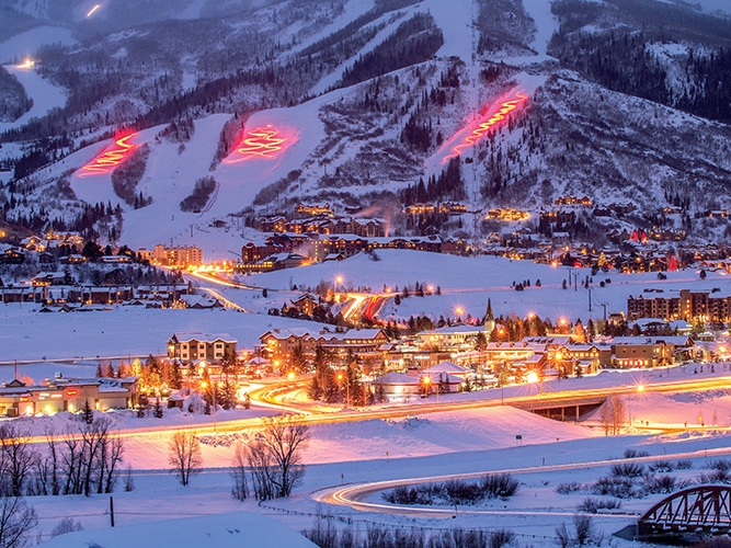 Steamboat Resort and Town lit up for another night celebrating champagne powder