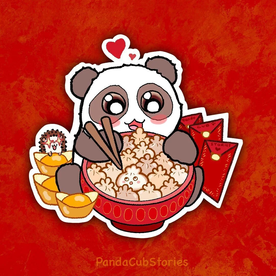 EDIT: stickers sold out!
(If 你想use an ESticker though, just search &ldquo;pandacubstories&rdquo; in stickers and it should pop up!)

⁣
Also, I recently learned that 🥟 are supposed to resemble gold nuggets...hence their popularity during Chinese New 