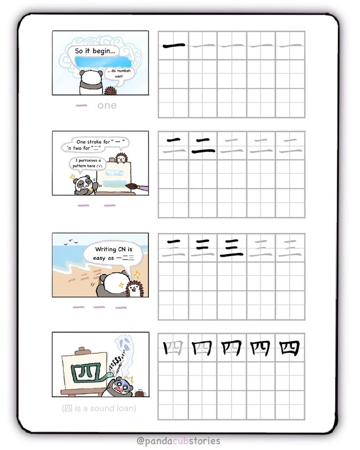 Writing Practice Printable no.1⁣
𝘊𝘩𝘢𝘳𝘢𝘤𝘵𝘦𝘳𝘴  一 𝘵𝘰 四 ⁣
⁣
🐼: &hellip;⁣
⁣
👧🏻: 怎么了? ⁣
⁣
🐼: Wai dere no pinyin or definishuns on dis worksheet? ⁣
⁣
👧🏻: Ah! *puts on lecture glasses* So glad you asked! See, according to language acquisiti