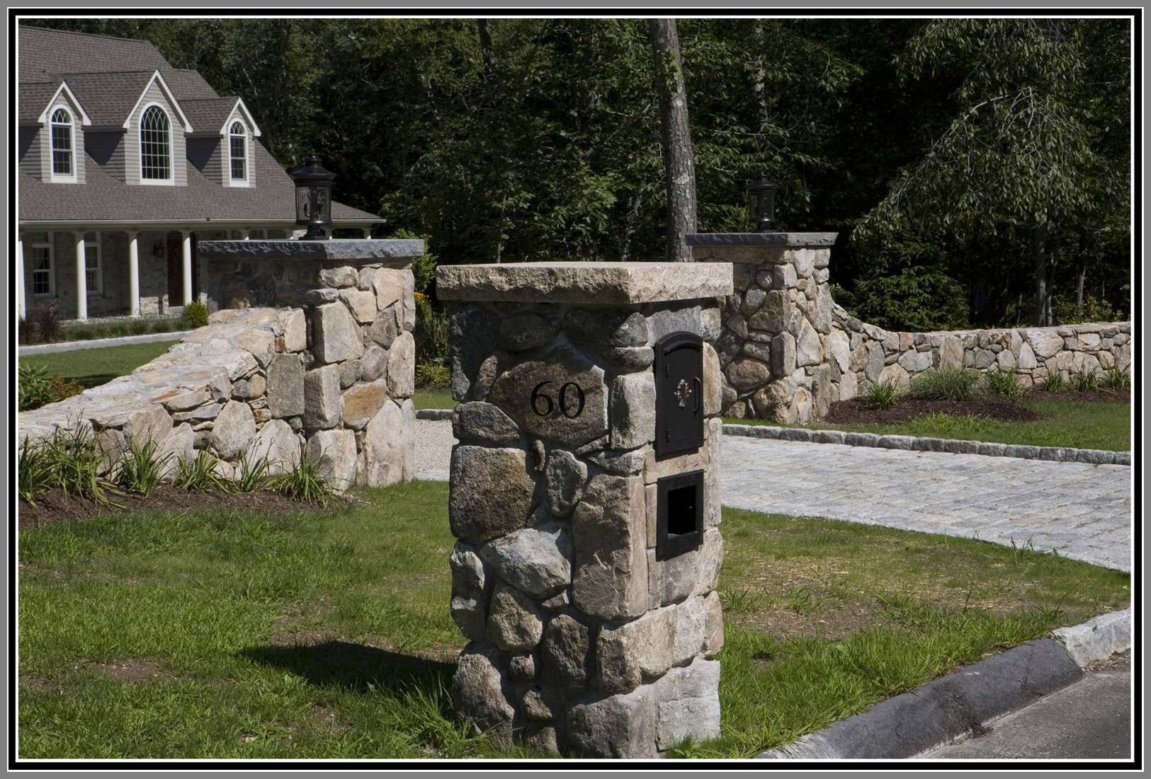 Stone mailbox, Column, cobblestone apron, curb and wall