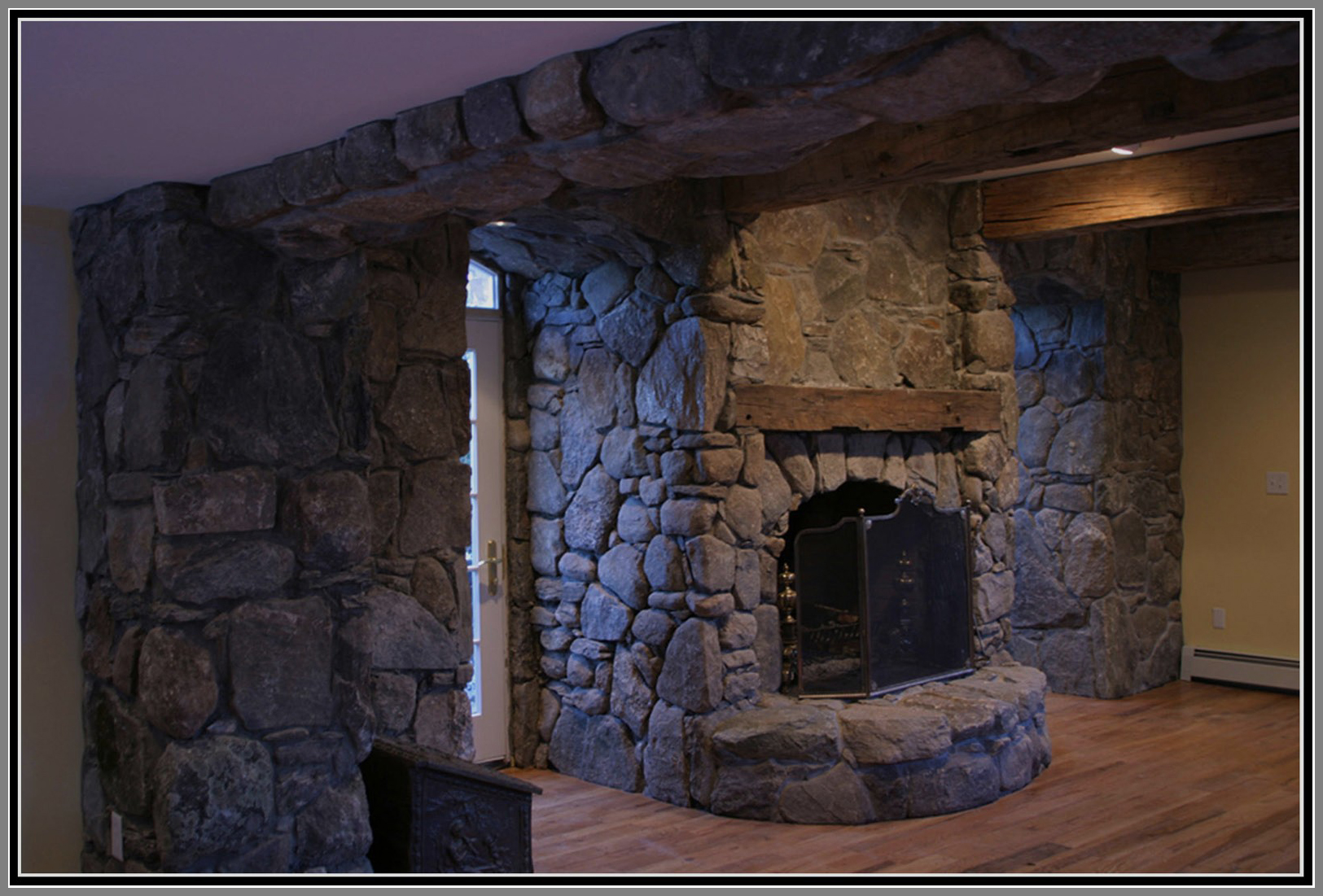 Field stone fireplace