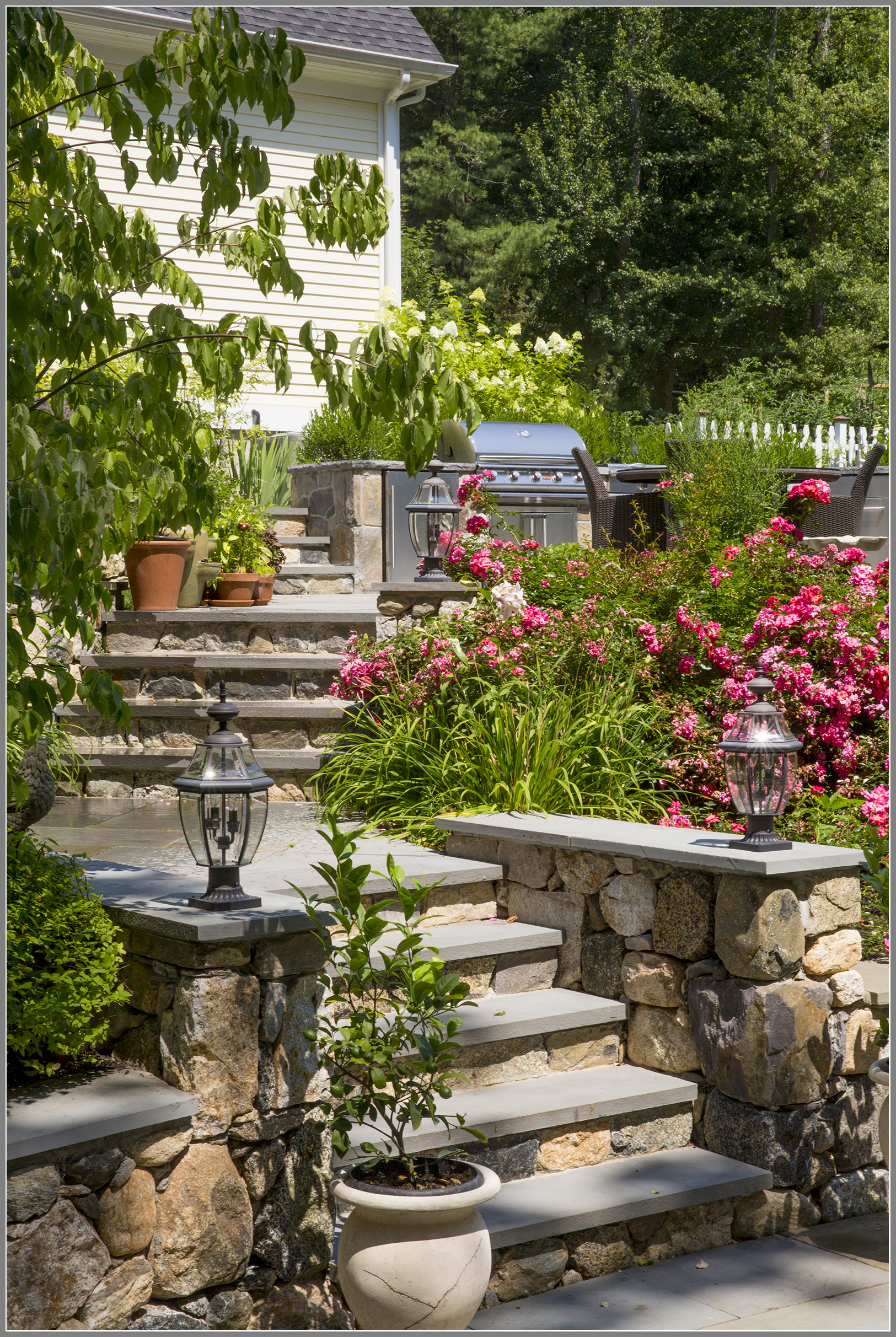 Stone wall and steps in the gardens