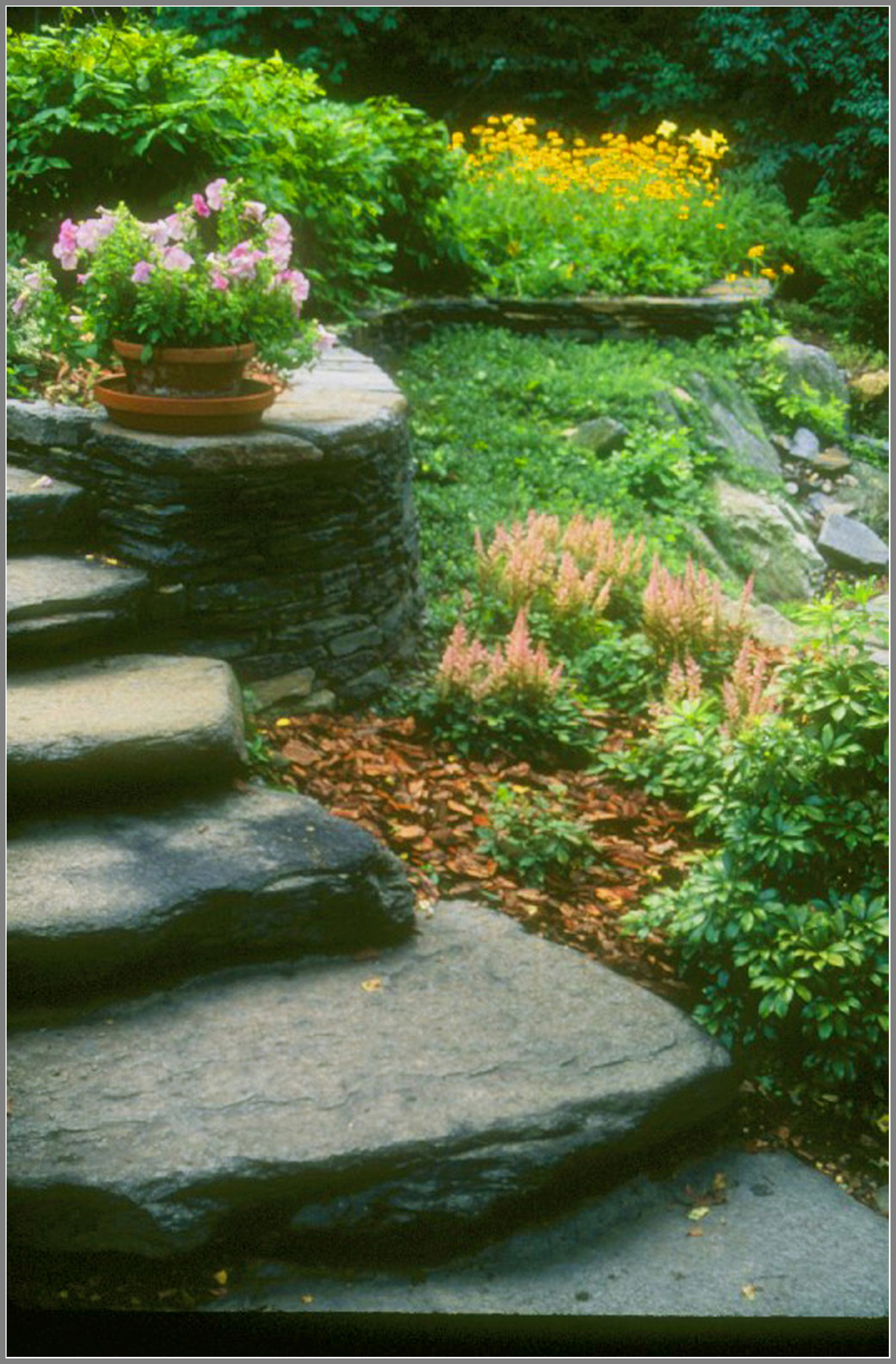 Natural slab steps and gardens