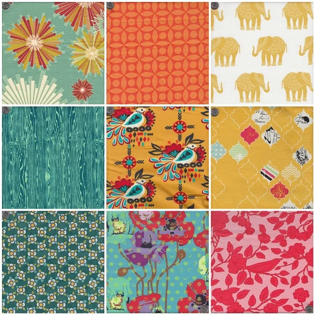 1. Frippery Starburst 2. Technicolor Tile 3. Madhuri Elephant 4. Wood Grain 5. Sierra Folk Bird 6. Loving Life 7. Dogwood Bloom 8. Poppies in Candy 9. Vintage Floral