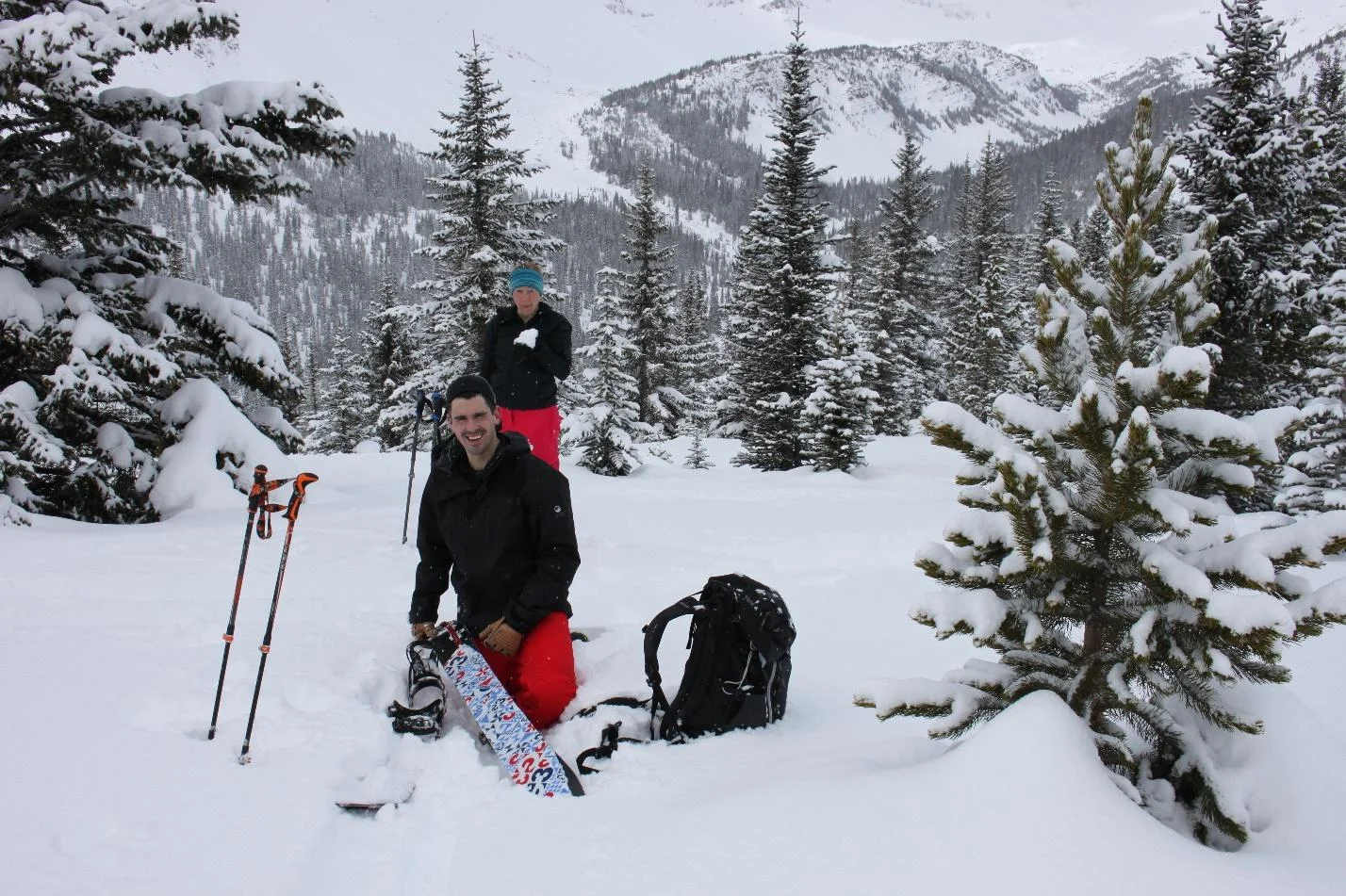 Jake adjusts his skins on the way up the creek. Erin ravenously devours some of the delicious marshmallows you can see all over the ground in the photo. Who knew there could be so much gelatin and sugar in one place?!