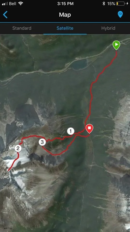 Ascent via the Bushwhack route (1), approaching the glacier (2), and descending via the South Couloir (3). Courtesy of Jeremy D’s watch. 