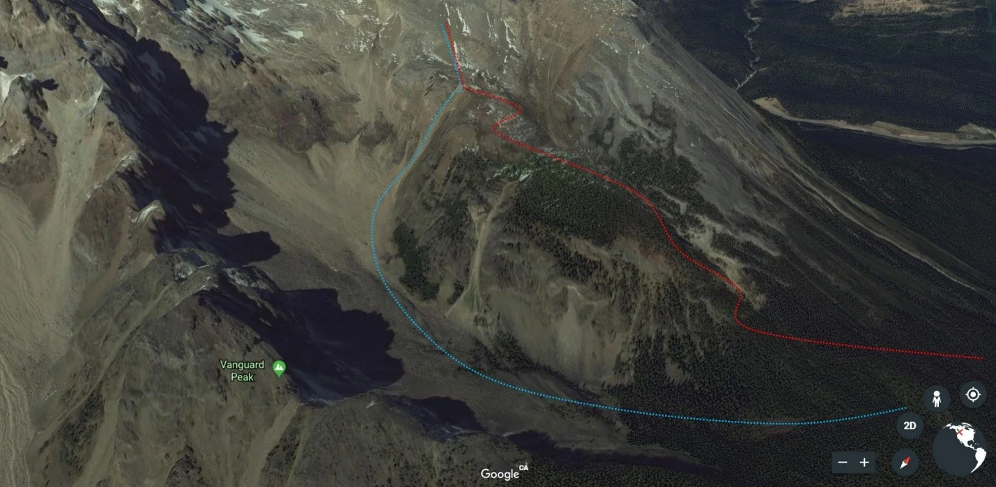 A better look at the Bushwhack route (red) vs South Couloir route (blue). (Approximate routes drawn in). 