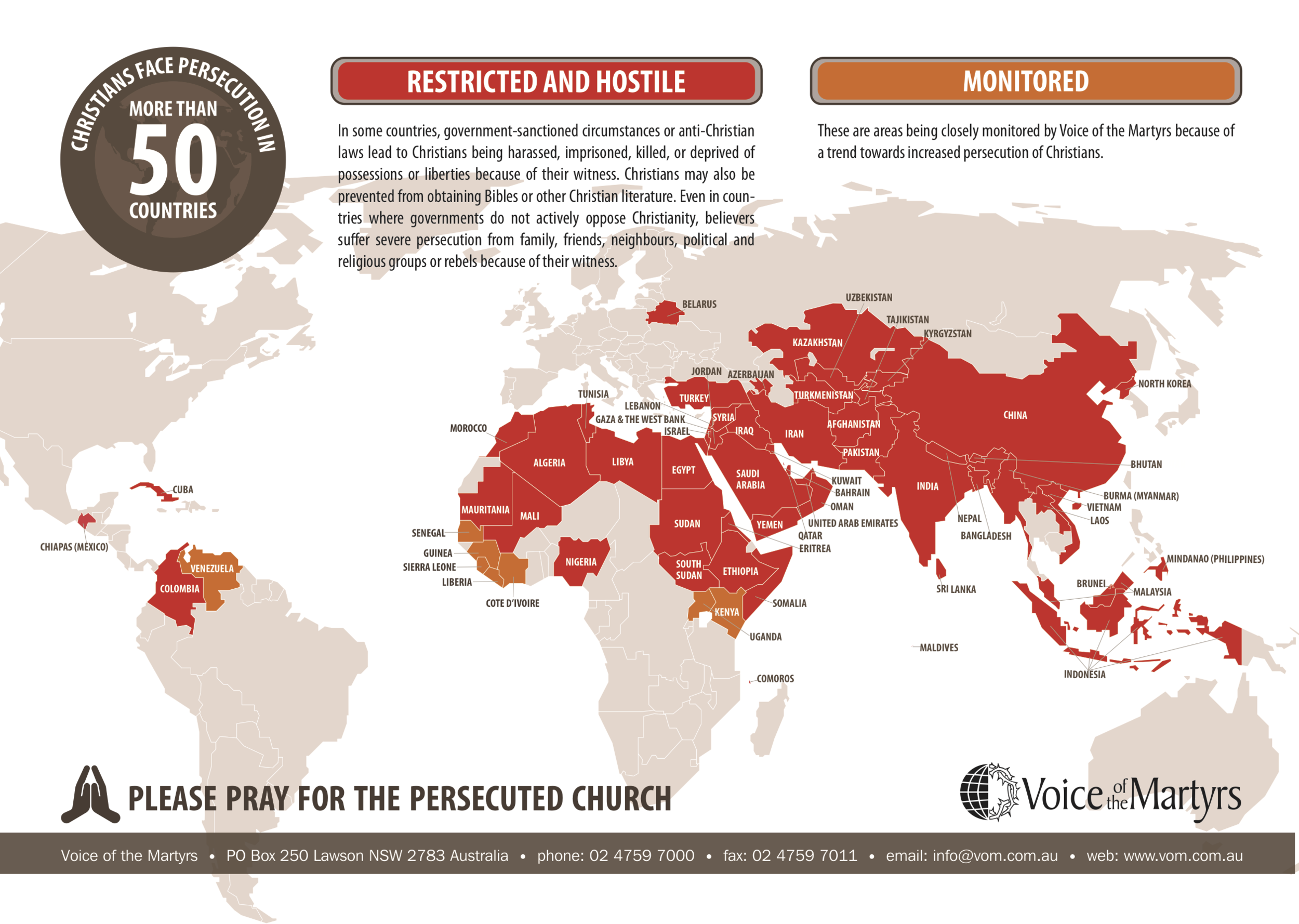 Map highlighting the countries in the world that are under persecution.
