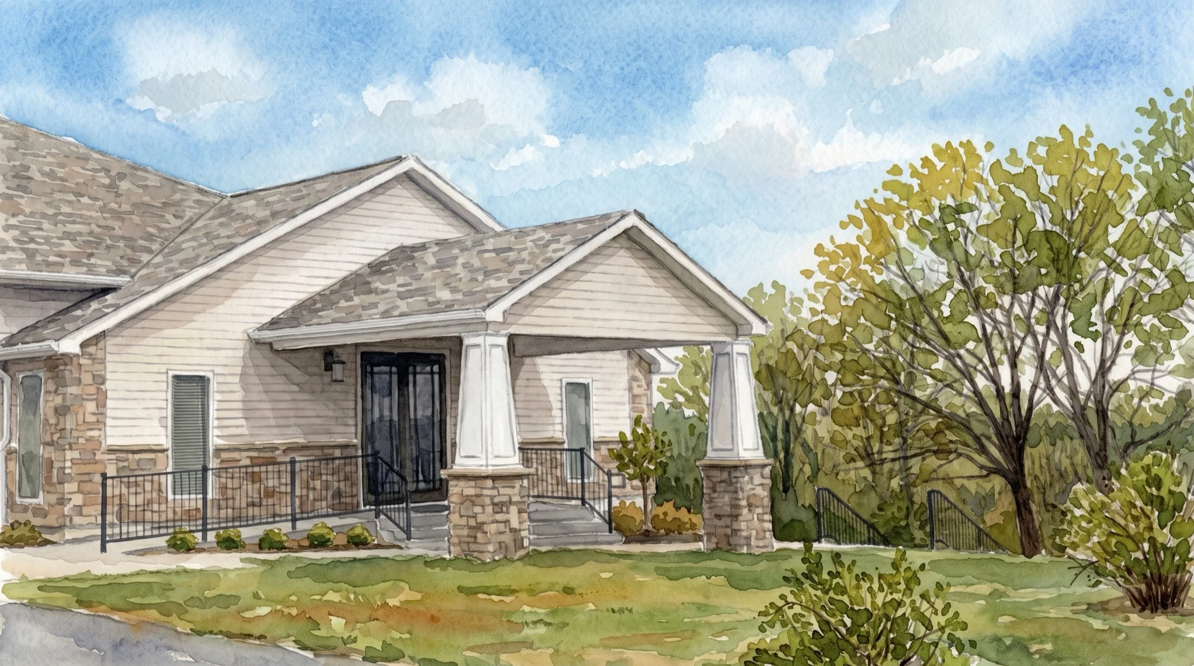 Watercolor painting of the front entrance of Grace Bible Church
