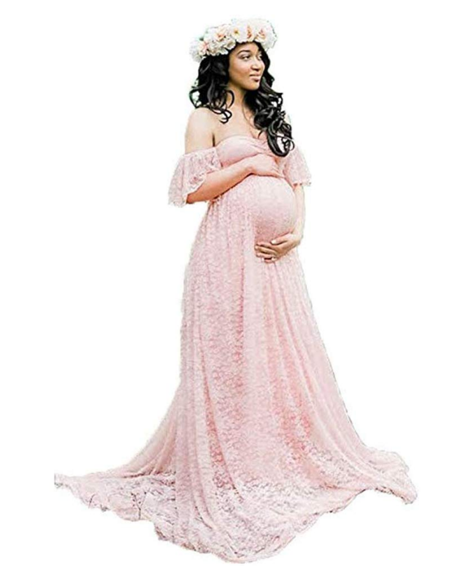 OFF-SHOULDER LACE MAXI
