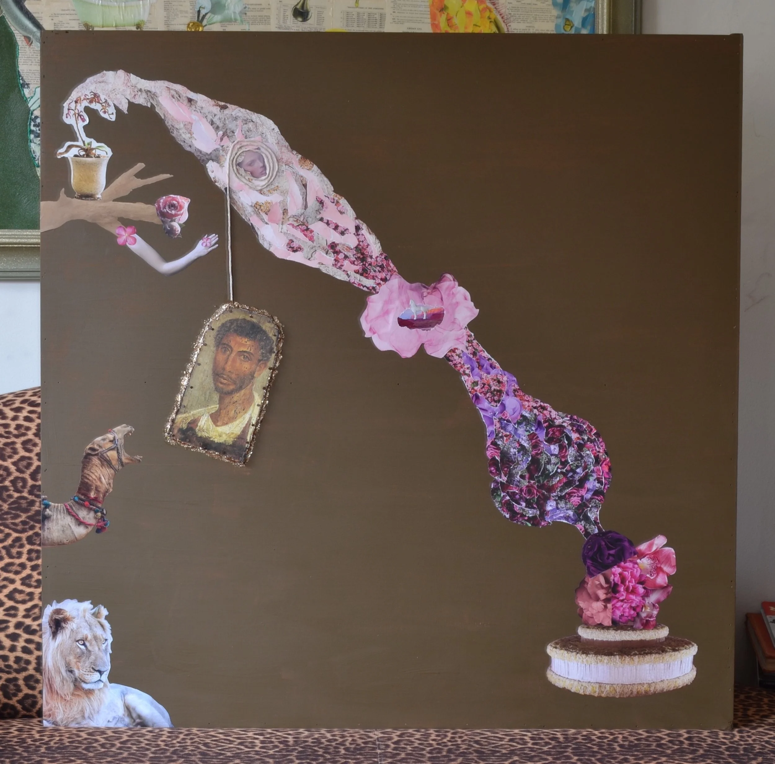 I just started this collage last weekend. Very happy with the results so far. I will update this post as we go along. Main colors will be a muddy green/brown, pink and the straw-like hues of the savannah.