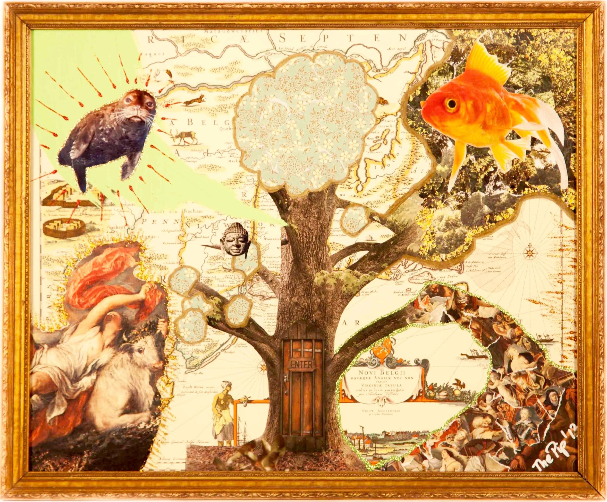 NOVI BELGII Mixed-Media Collage in vintage frame under glass, 22X18inches - $350 CONTACT