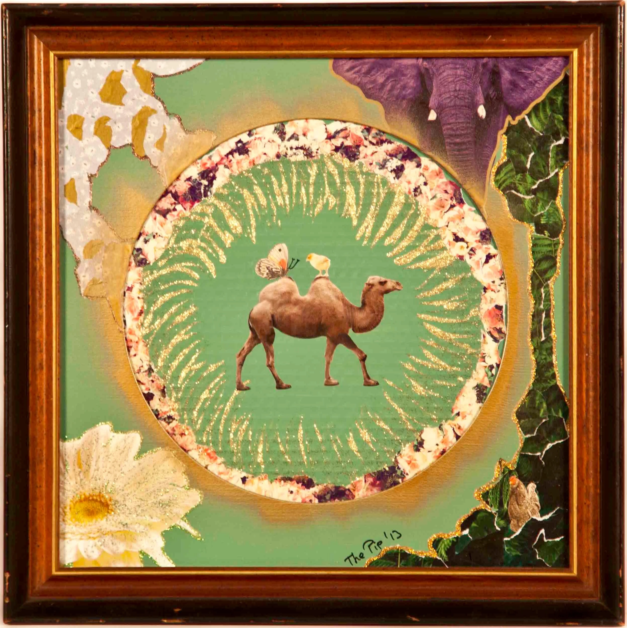 CAMEL RIDE Mixed-Media Collage in vintage frame under glass, 17.5X17.5inches - $300 CONTACT