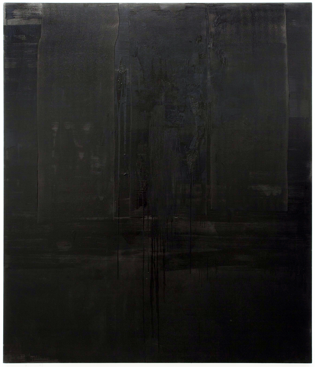  Untitled black monochrome painting (1.10.PBk9.CI77267/PBk11.Fe3O4) from the Frequency10. series. Oil, grit, graphite on canvas, 213.36cm x 182.88cm (84 inches x 72 inches), 2016-2017.    