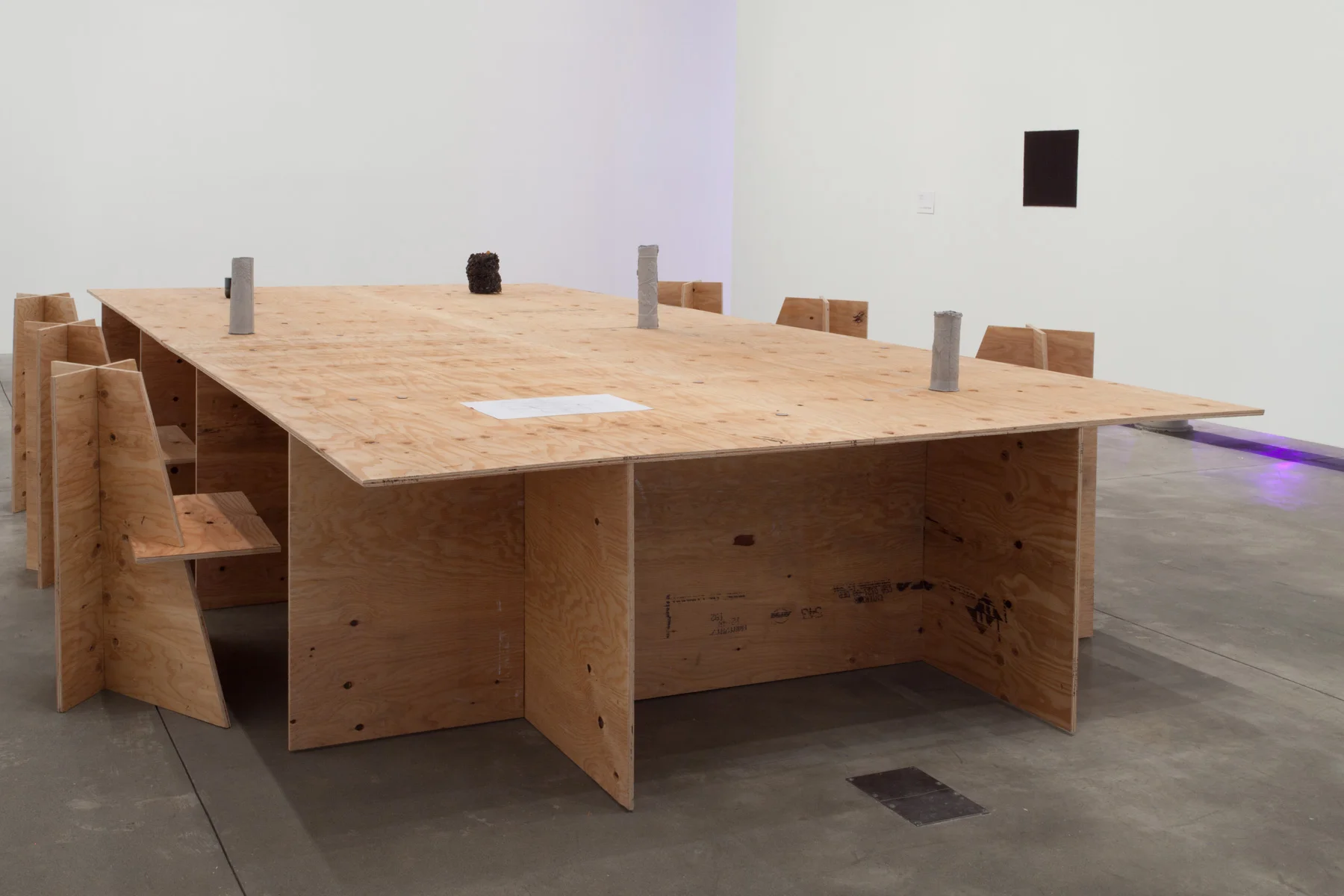 Untitled (Geometric energy grid drawing for Stevens table) 2017. With, The commune of one is the cult of the other (2017) by Steven Cottingham and Untitled (2017) by Matt Browning.