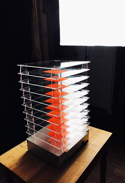   As Seen From a ¾ SideView and Slightly Above by Higher Beings But Not Ordained. (orange) Polymer emulsion, acetate, plastic cups, light table, 10x13x32”. Plastic Transcendence Series 2020.   