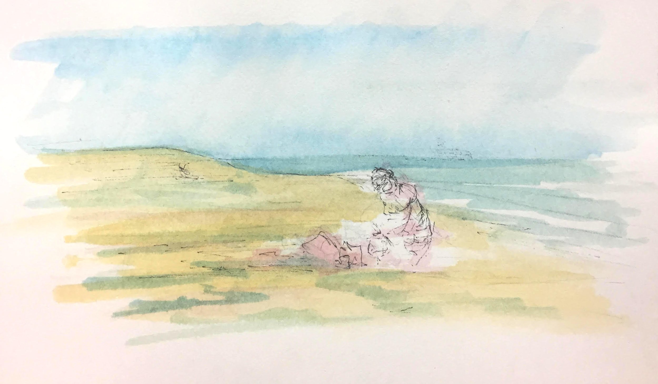   Untitled , Dauphin Island, Alabama, 2023  Watercolor and Micron Pen on Paper, 5 x 8.5” 