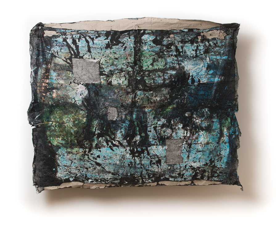 Lifetime mistinted house paints, bitumen rubber, tissue paper, detritus, cardboard on muslin, steel supports 165 x 202 x 23 cm Photograph James Field, courtesy Adelaide Central School of Art