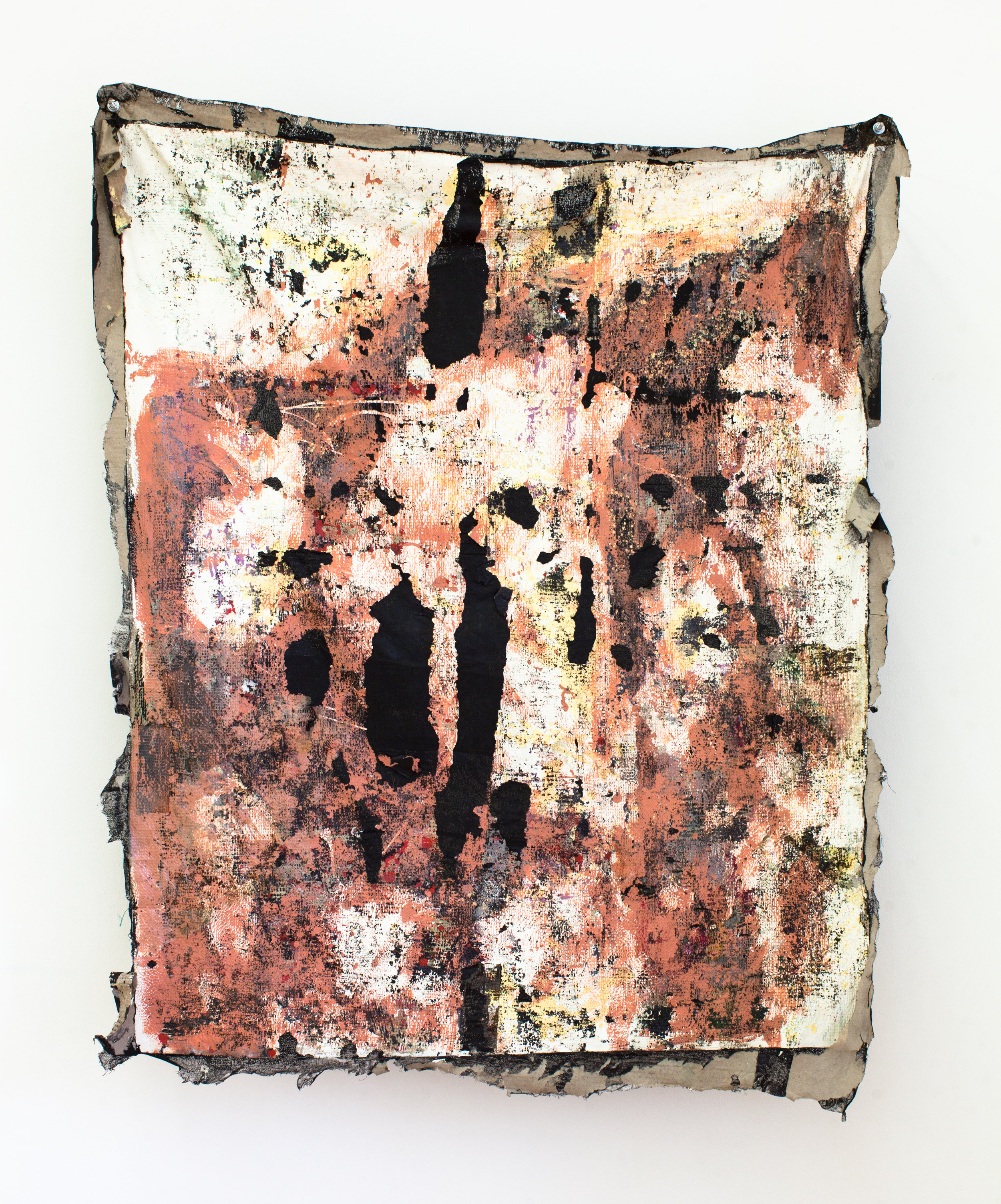   Everything Goes   mistinted house paints, bitumen rubber, pastel, plastic, detritus, cardboard on muslin, steel supports  129 x 105 x 23 cm  Photograph James Field, courtesy Adelaide Central School of Art 