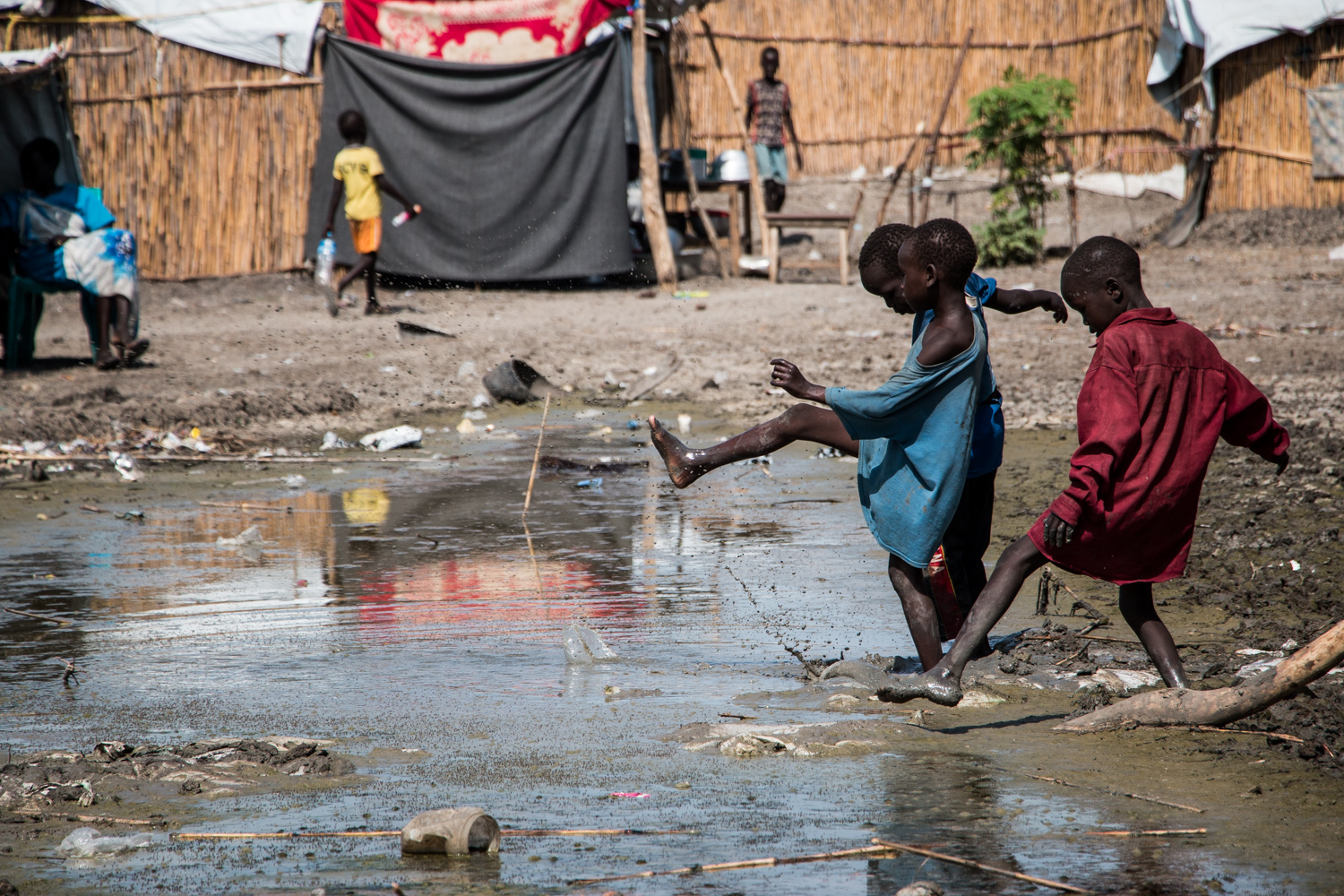 Fetid standing water inside Malakal PoC camp, Upper Nile state. The vast majority of civilians sheltering in South Sudan's PoCs are women and children. Living conditions are incompatible with human dignity.