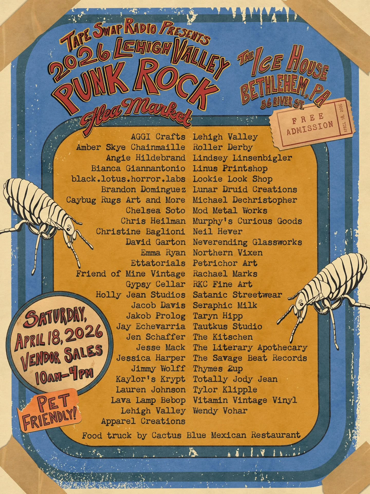 Vendor line-up announcement for the 2026 Lehigh Valley Punk Rock Flea Market!

We have over 50 vendors and over 60 tables filling the Ice House on Saturday, April 18th from 10 AM to 4 PM. Vendors will be coming from across the Lehigh Valley, and as f