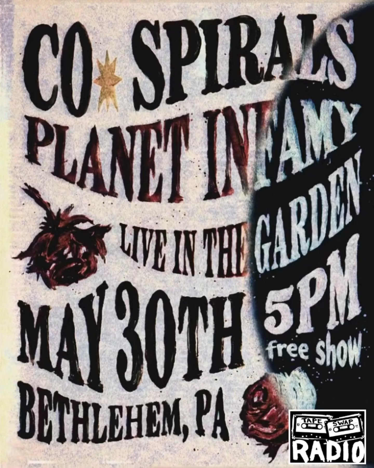 🥁 Drum roll please for our return to Live in the Garden 🥁

The first show that Tape Swap is presenting in the 2026 Live in the Garden series is TODAY, Saturday, May 30th, 5-8 PM! Come by the Bethlehem Rose Garden for:

@co.spirals - LV psych-Americ