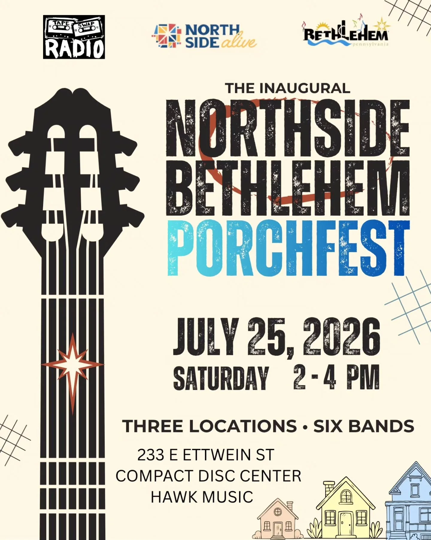 We're excited to announce the launch of the Northside Bethlehem Porchfest! Join Tape Swap Radio, Northside Alive, and the City of Bethlehem on Saturday, July 25 from 2-4 PM for an afternoon of free outdoor music across the Northside Bethlehem neighbo