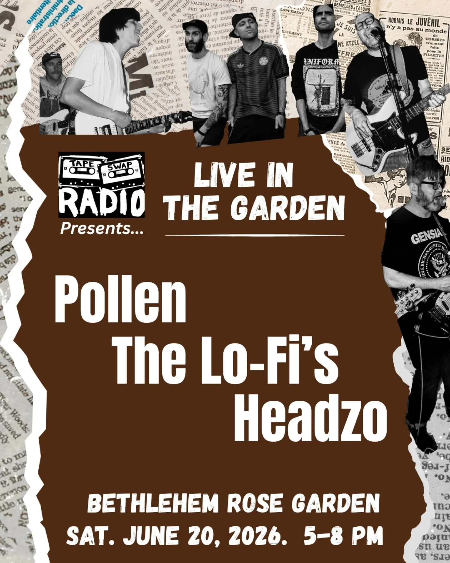 🌹🔊 Make some commotion for Tape Swap's next sponsored Live in the Garden show 🔊🌹

SATURDAY, JUNE 20th - 5-8 PM
&bull; @pollen.music - Scranton indie rock
&bull; @_thelofis_ - LV garage rippers
&bull; @headzo_band - LV skate punk

Free show as alw