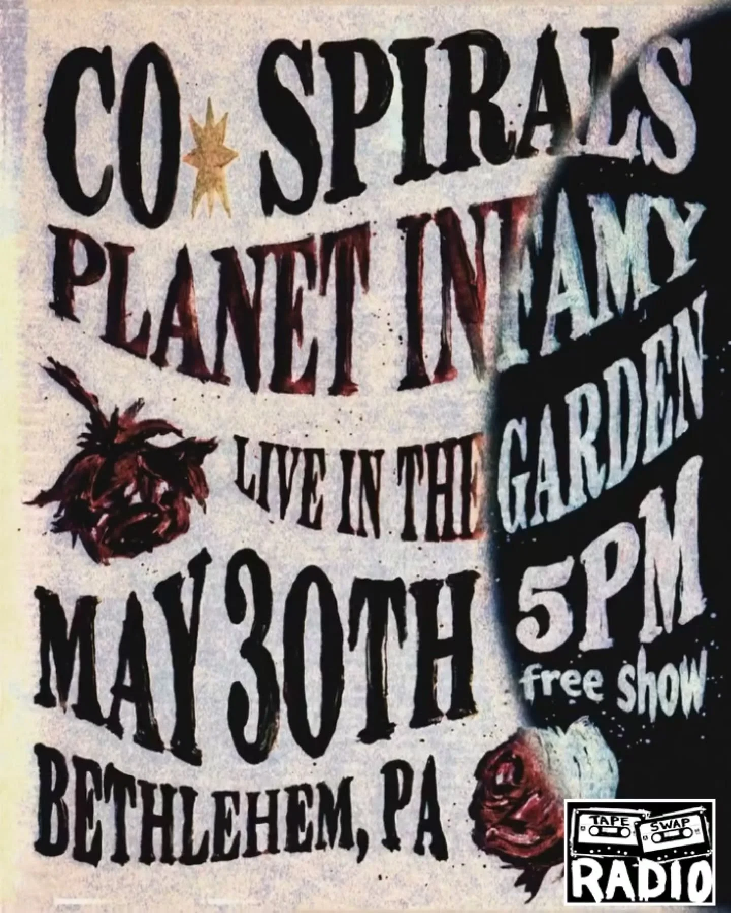🥁 Drum roll please for our return to Live in the Garden 🥁

The first show that Tape Swap is presenting in the 2026 Live in the Garden series is TODAY, Saturday, May 30th, 5-8 PM! Come by the Bethlehem Rose Garden for:

@co.spirals - LV psych-Americ