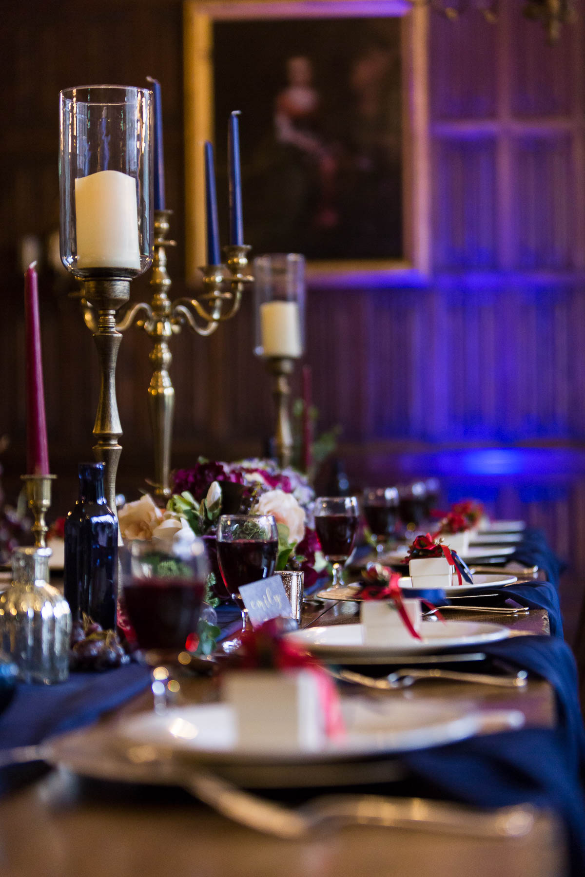 navy and red berry wedding table ideas hertfordshire