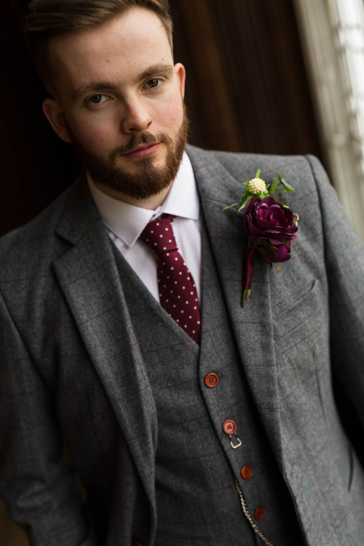 Josh Carr groom dressed by The Vintage Suit hire company