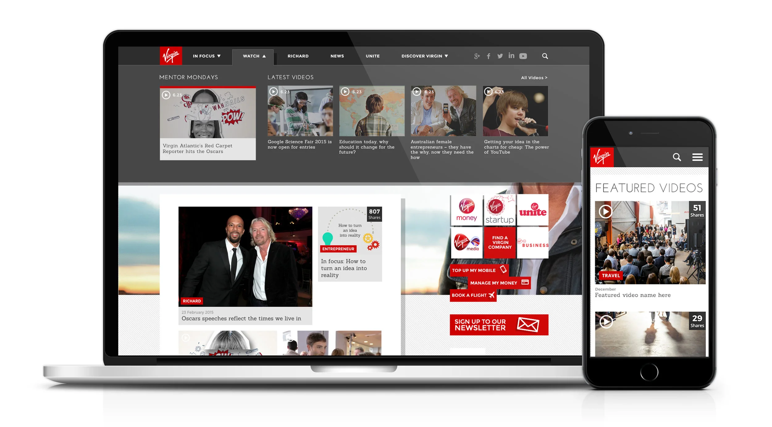 Watch menu showing the latest video content from across the site (only available on desktop to minimise load time on mobile devices).