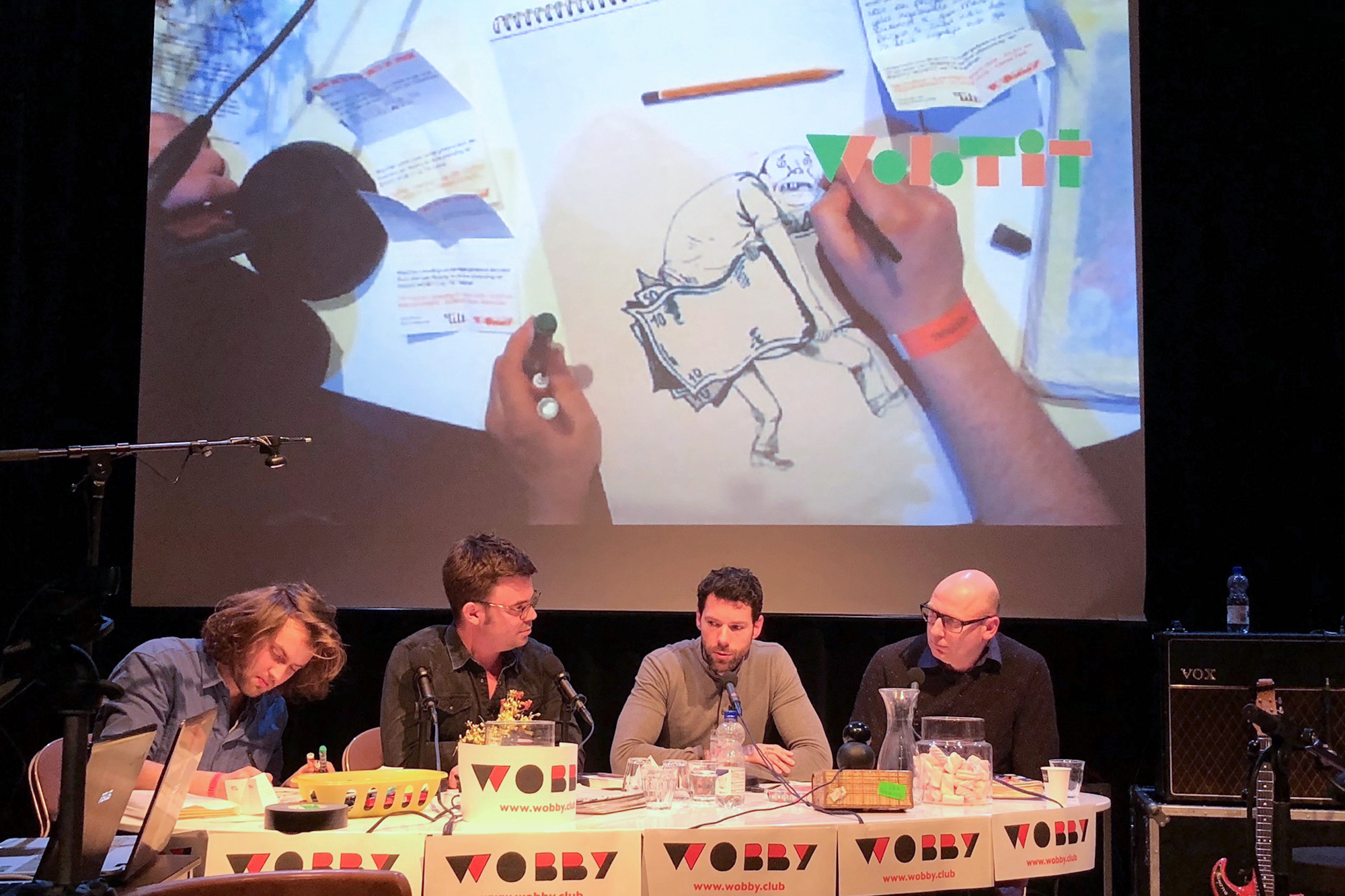 Artist Lukas Verstraete, interviewer Lukas Meijsen, writer Henk van Straten and radiohost Jeroen de Leijer