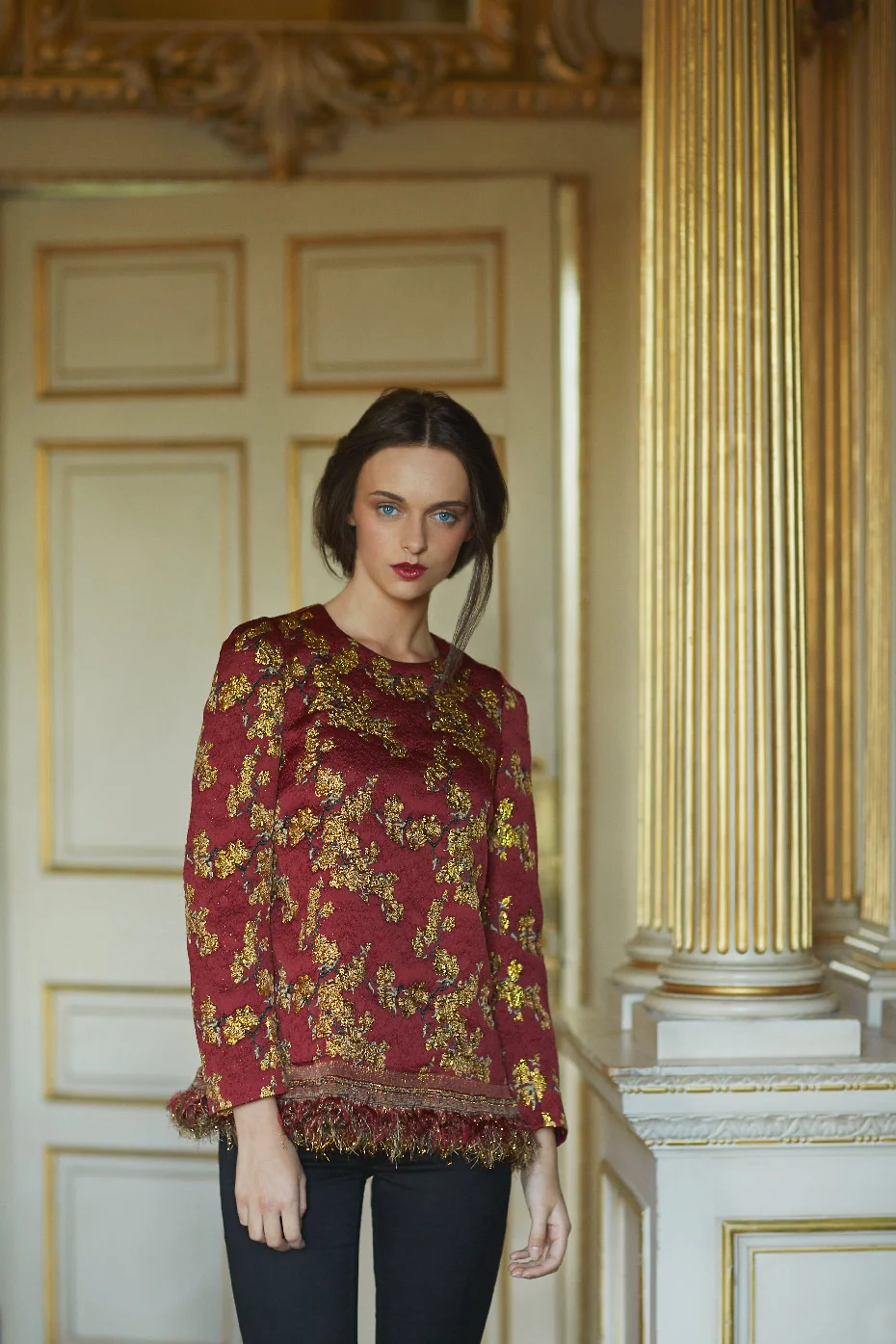 Stacey Van Berkel Photography I Fashion shoot in Gold Room with Red + Gold embroidered top I Carton House I Kildare, Ireland