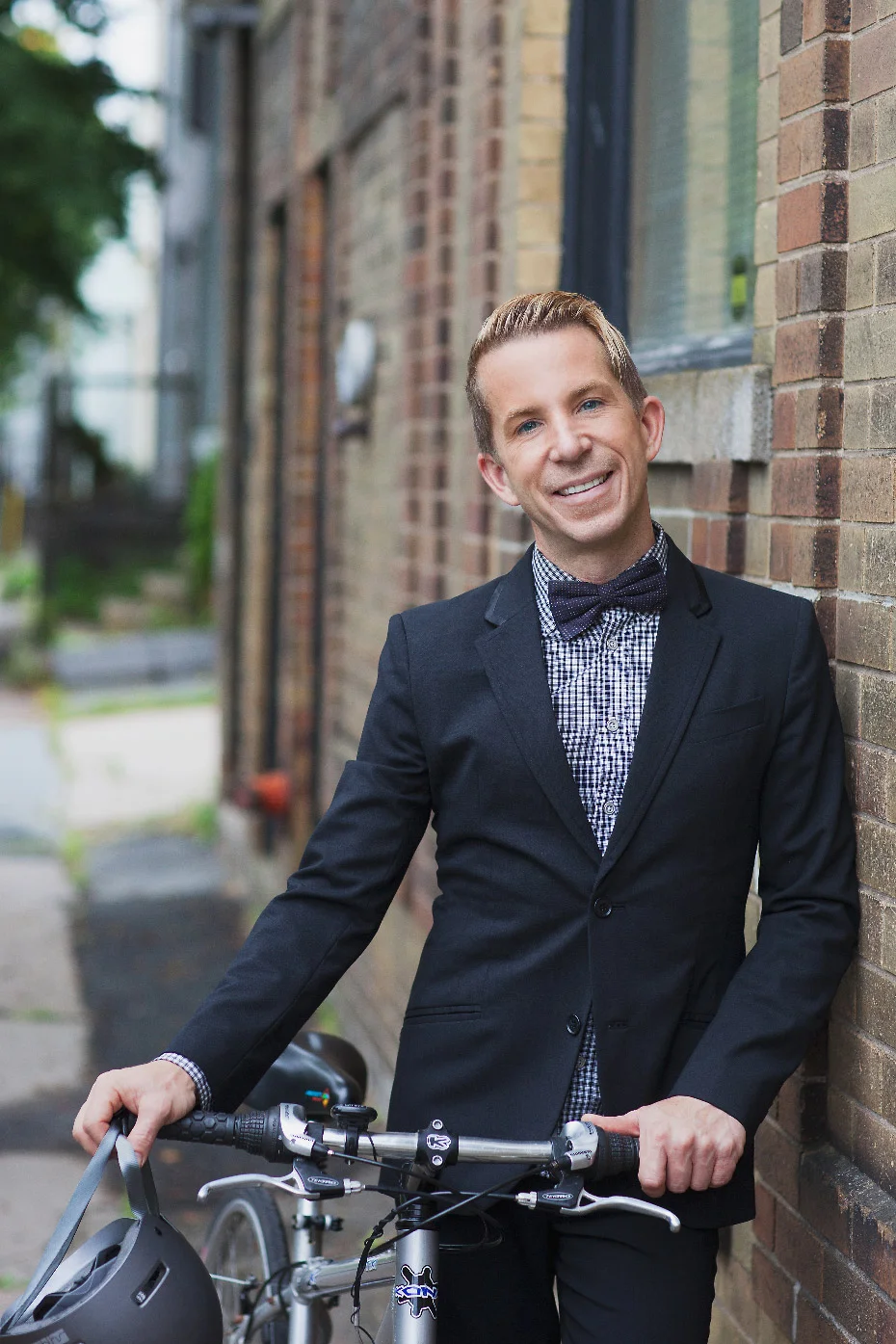 Stacey Van Berkel Photography I Fred Connors dressed in dapper suit & bowtie with a bicycle I Halifax, Nova Scotia, Canada