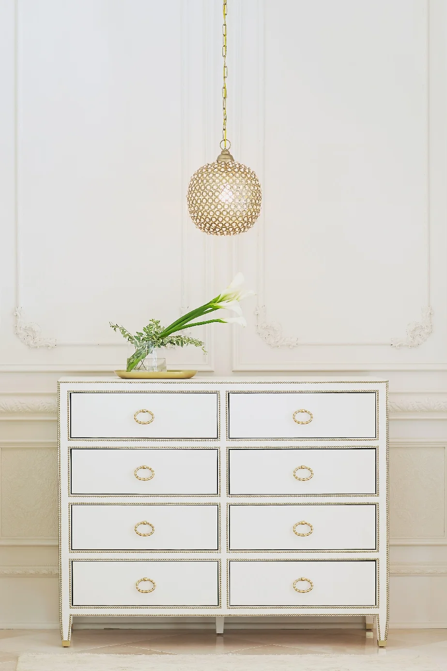 Stacey Van Berkel Photography I Elegant dresser with pendant light I White on white I Parisian Apartment I Bernhardt Furniture